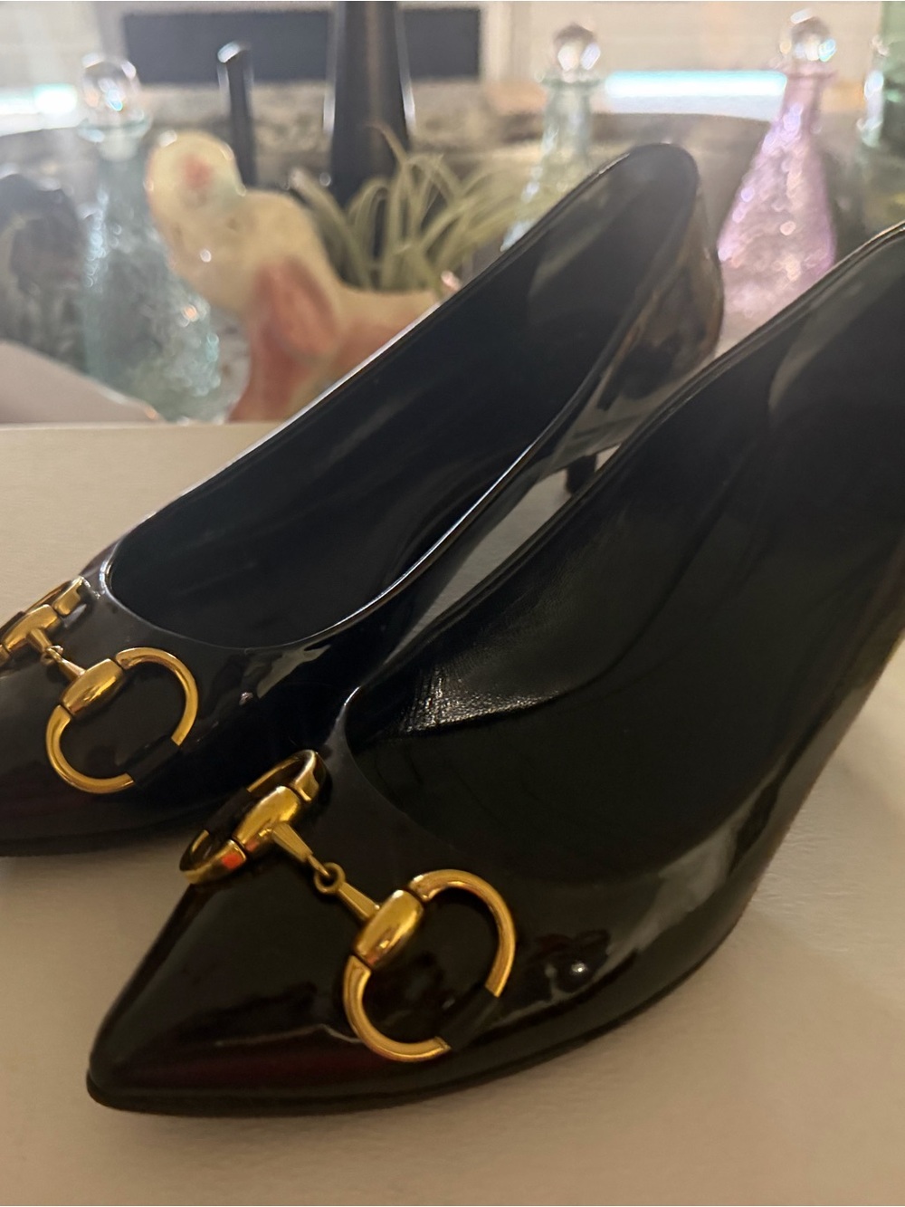 Gucci Black Patent Pointed-Toe Flats with Gold Buckle
